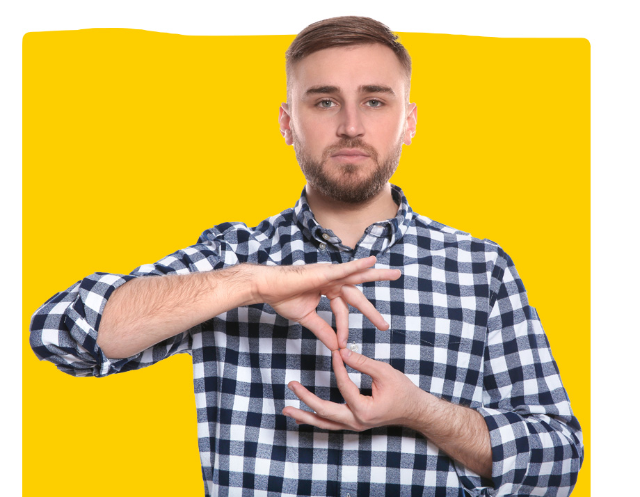 sign language expert interpreter showing word INTERPRETER in sign language on yellow background