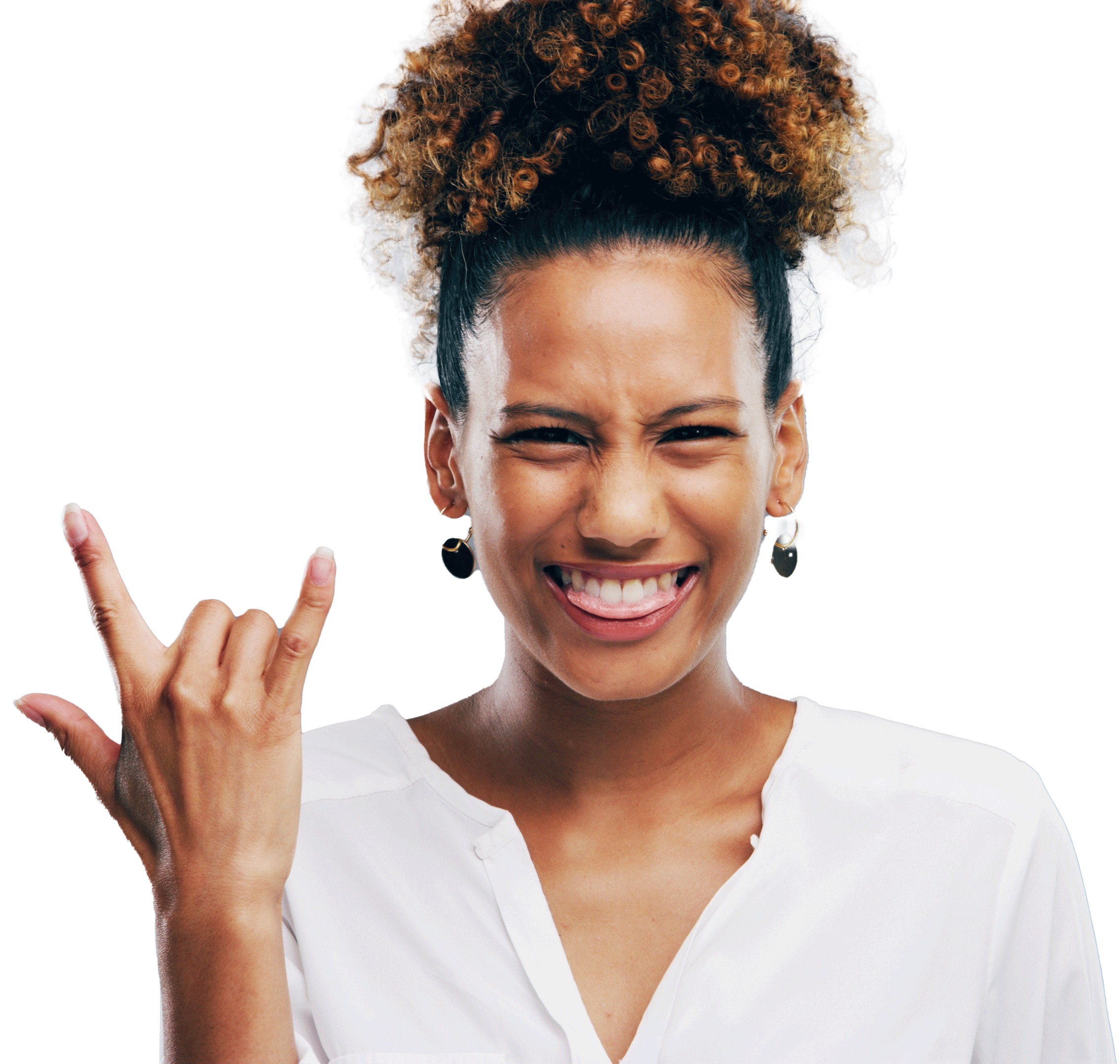 smiling black lady with sign language symbol